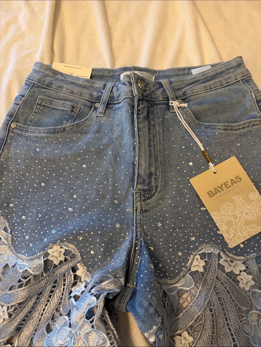 Light Blue Lace-Overlay Wide-Leg Jeans - Women - Picture 3 of 5